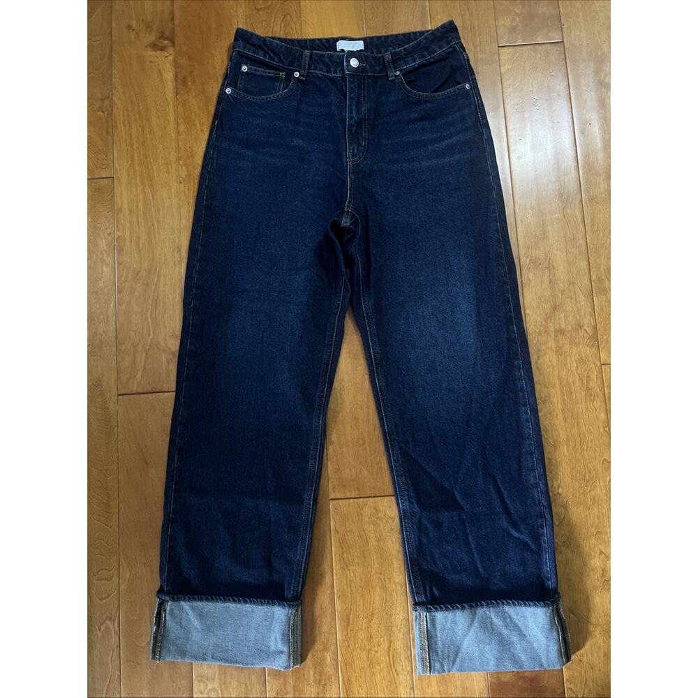 H & M Baggy Wide Low Jeans Size 12 High Rise Dark Wash Cuffed NWT Retro Relaxed